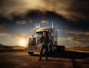 truck driver with his truck on open country road